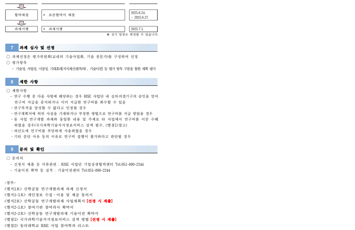 마. 협약체결 / ● 표준협약서 체결 / 2025.6.24.~ 2025.6.27. / 바. 과제시행 / ● 과제시행 / 2025.7.1. / ※ 상기 일정은 변경될 수 있습니다. / 7. 과제 심사 및 선정 / ○ 과제선정은 평가위원회(교내외 기술사업화, 기술 전문가)를 구성하여 선정 / ○ 평가항목 / - 기술성, 사업성, 시장성, 기대효과[지식재산권(특허) , 기술이전] 등 평가 항목 구분을 통한 계획 평가 / 8. 제한 사항 / ○ 제한사항 / - 연구 수행 중 다음 사항에 해당하는 경우 RISE 사업단 내 심의․의결기구의 승인을 얻어 연구비 지급을 중지하거나 이미 지급한 연구비를 회수할 수 있음 / ·연구목적을 달성할 수 없다고 인정될 경우 / ·연구계획서에 허위 사실을 기재하거나 부정한 방법으로 연구비를 지급 받았을 경우 / ·동 사업 연구개발 과제와 동일한 내용 및 주제로 타 사업에서 연구비를 이중 수혜 하였을 경우(국가과학기술지식정보서비스 검색 필수, <별첨1>참고) / ·과년도에 연구비를 부당하게 사용하였을 경우 / ·기타 중단 사유 등의 이유로 연구비 집행이 불가하다고 판단될 경우 / 9. 문의 및 확인 / ○ 문의처 / - 신청서 제출 등 서류관련 : RISE 사업단 기업상생협력센터 Tel.051-890-2244 / - 기술이전 확약 등 실적 : 기술이전센터 Tel.051-890-2244 / -첨부- / <별지1호> 산학공동 연구개발과제 과제 신청서 / <별지1-1호> 개인정보 수집·이용 및 제공 동의서 / <별지2호> 산학공동 연구개발과제 사업계획서 [선정 시 제출] / <별지2-1호> 참여기관 참여의사 확약서 / <별지2-2호> 산학공동 연구개발과제 기술이전 확약서 / <별첨1> 국가과학기술지식정보서비스 검색 방법 [선정 시 제출] /<별첨2> 동의대학교 RISE 사업 참여학과 리스트